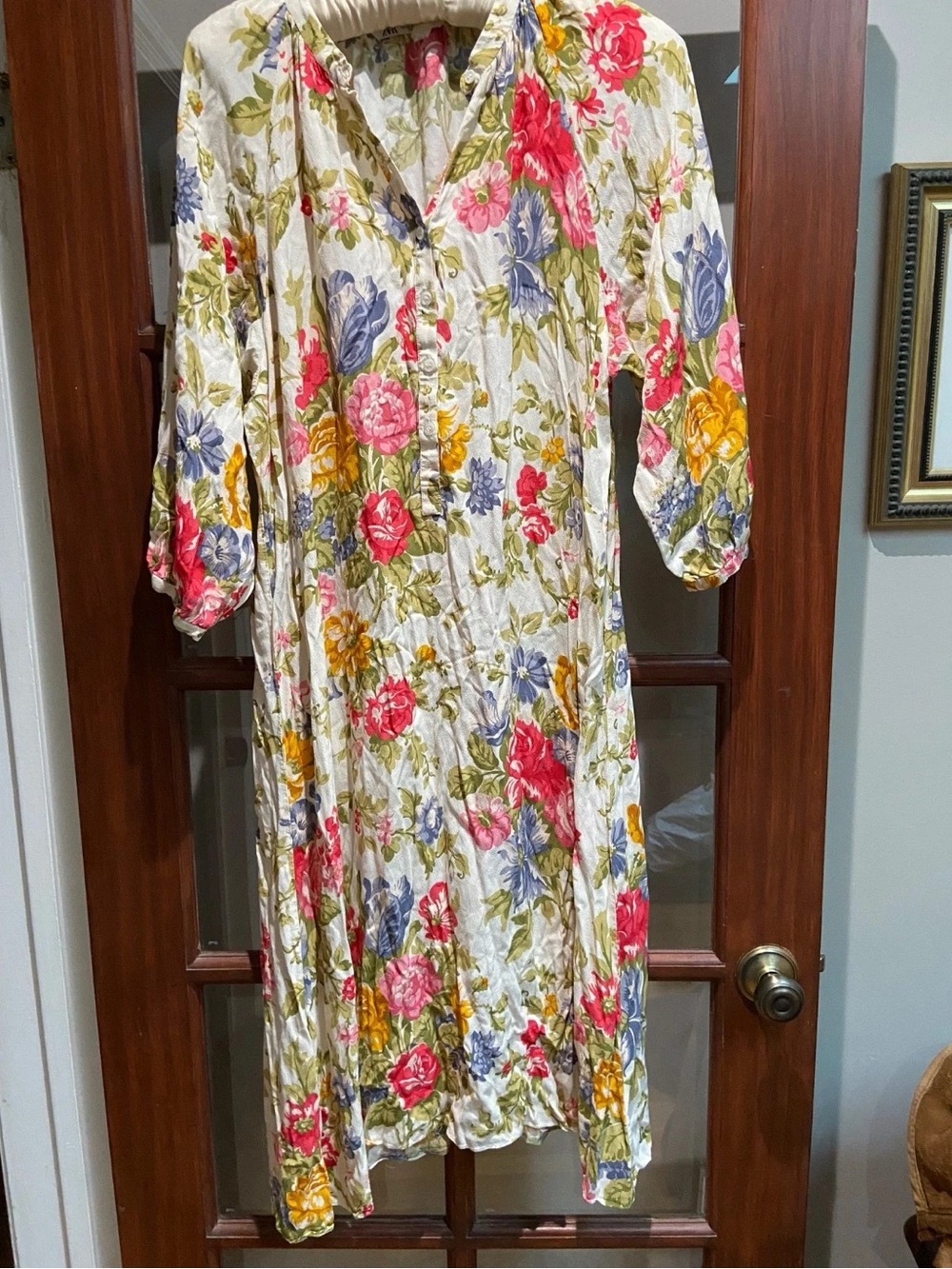 Zara Cream Floral Midi Dress with Pink, Blue and Yellow Blooms